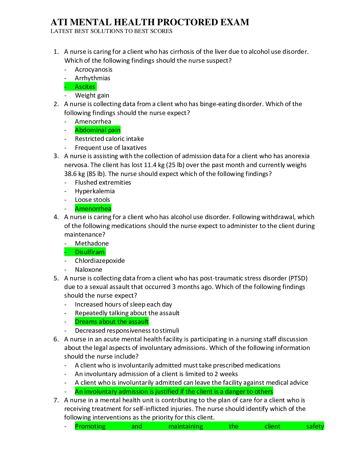 Preview image for ATI MENTAL HEALTH PROCTORED EXAM LATEST BEST SOLUTIONS TO BEST SCORES